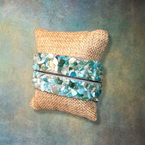 C1 Unique Natural Gemstone Double Wrap Bracelet Aqua Seafoam Green Mint Blue - Picture 12 of 17